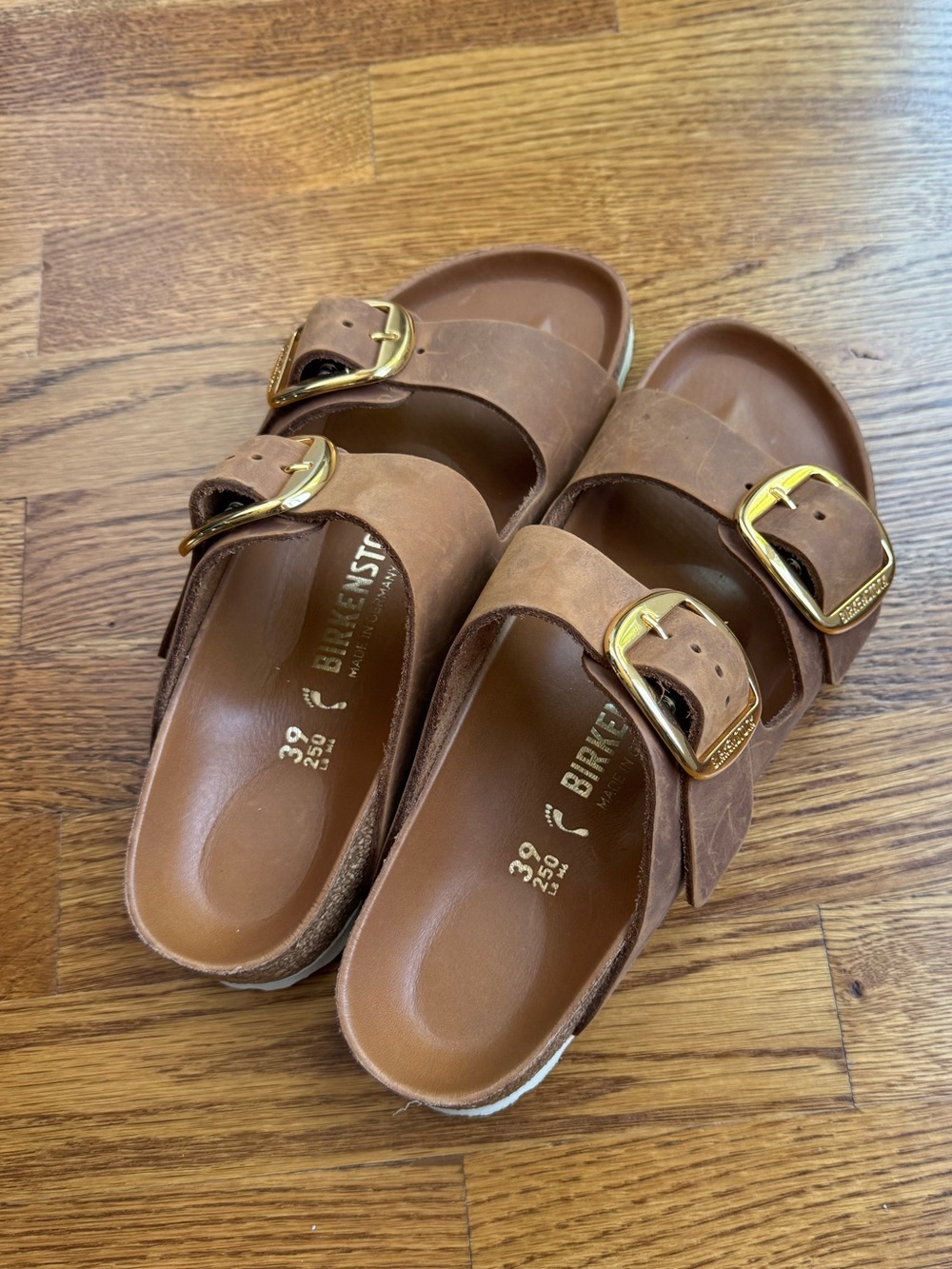 Birkenstock Brown Two-Strap Sandals with Gold Buckles